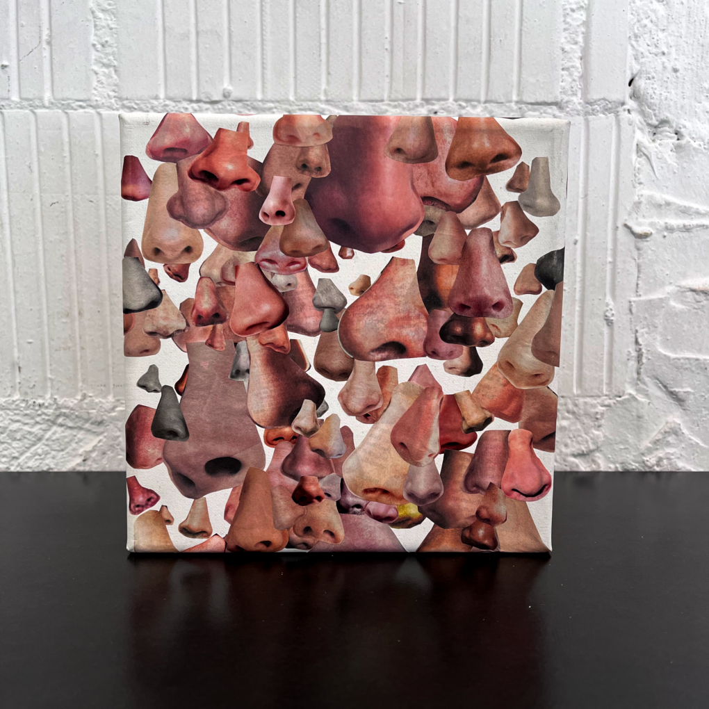 Nasus by Hillary Huang – Original 20x20cm Human Senses mixed media painting on canvas featuring layered human nose graphics exploring scent.