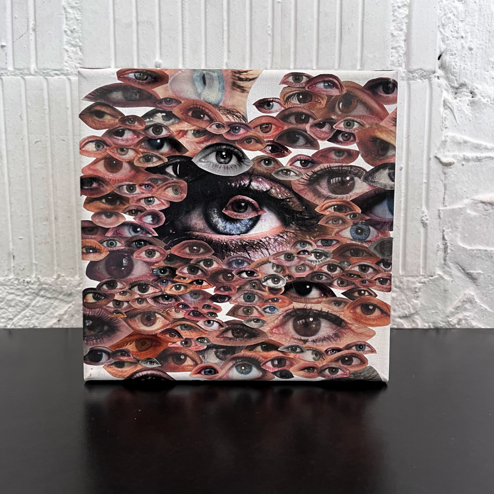 Oculus by Hillary Huang – Original 20x20cm Human Senses collage art on canvas featuring repetitive human eye graphics exploring sight.