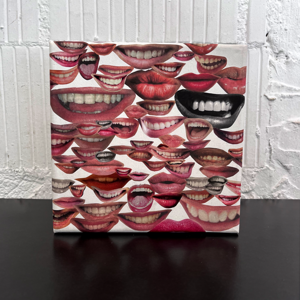Os by Hillary Huang – Original 20x20cm Human Senses collage painting on canvas featuring layered human mouth graphics exploring taste.