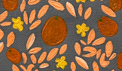 Jaffa and Zaytoun (Detail Teaser) by Hillary Huang – Original acrylic painting on canvas showing a close-up crop of a symbolic tree canopy with traditional Arabic script motifs for the Cultural Collisions series.