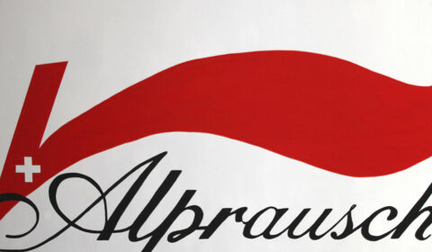 Li-Ning and Alprausch by Hillary Huang – Original 160x160cm Acrylic Painting on Canvas featuring a mashup of the red Chinese Li-Ning sports brand swoosh and Swiss Alprausch branding.