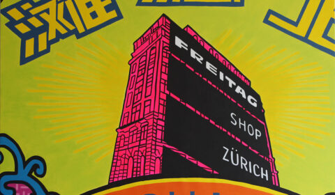 Shanghai Tang and Freitag by Hillary Huang – Original 160x160cm Acrylic Painting on Canvas featuring a mashup of the Freitag Shop Zurich shipping container tower and Shanghai Tang luxury branding.