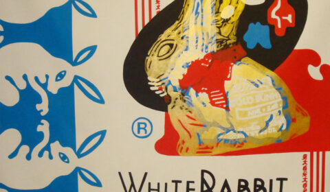 White Rabbit and Lindt Bunny by Hillary Huang – Original 160x160cm Acrylic Painting on Canvas featuring a mashup of Chinese White Rabbit Candy packaging and the Swiss Lindt Gold Bunny icon.